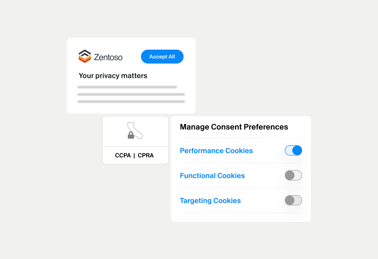 The image shows a digital interface for managing privacy and cookie consent. A notification from Zentoso highlights that user privacy matters with an option to Accept All. Another panel displays CCPA | CPRA compliance alongside a Manage Consent Preferences section. Toggle switches control Performance Cookies, Functional Cookies, and Targeting Cookies, emphasizing data protection and user choice.